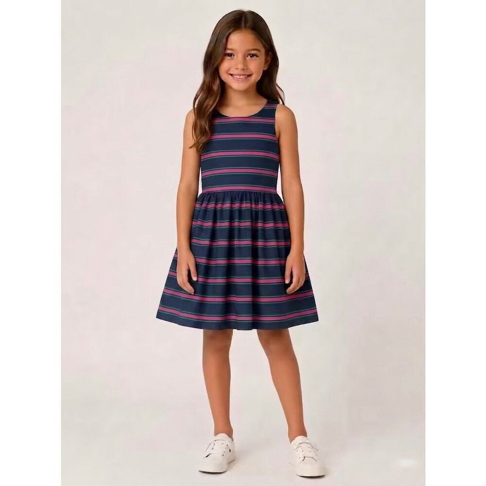 Ralph Lauren Navy Blue Striped Button Back Fit And Flare Dress Size 8 Girls